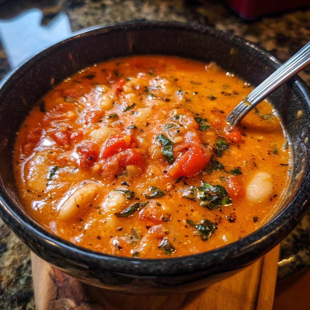 Healthy Crockpot Tomato Basil White Bean Soup